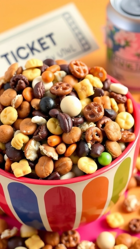 A bowl of crunchy snack mix with nuts, pretzels, and dried fruits, perfect for movie night.